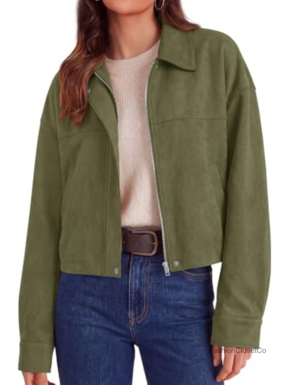 Faux Suede Cropped Zip Up Jacket Women's Casual Fall Coat